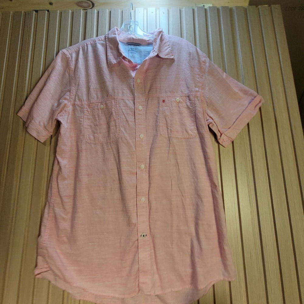 IZOD Saltwater Mens Large Coral Striped Short Sleeve Button Down Shirt Cotton